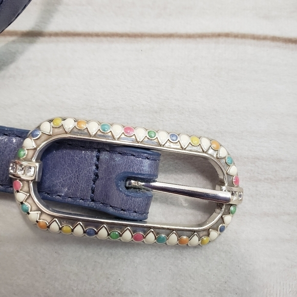 Vintage Womens Leather Slim Belt Blue Rhinestone Enamel Buckle Medium 38 Inch main image 5